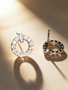 1 Đôi bông tai bạc S925 hình tròn đính đá Zirconia tổng hợp, trang sức thanh lịch và sang trọng để đeo hàng ngày dành cho nữ. - Bạc - Xem 4