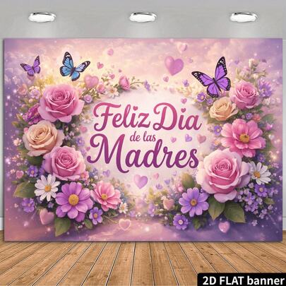 2D Mother's Day Themed Backdrop, Featuring A Light Purple Gradient With Pink And Purple Heart-Shaped Patterns. The Center Of The Design Displays The Purple Artistic Text "Feliz Dia De Las Madres," Flanked By Pink, Purple, And White Roses And Daisies., Backdrop, Party Decoration Backdrop, Tapestries, Tapestry,, Home Decor.