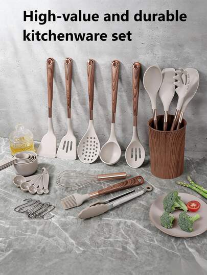 Silicone Kitchen Utensil Set, Faux Wooden Handle, Heat Resistant & Non-Stick, Suitable For Home Cooking, Baking And Daily Kitchen Use