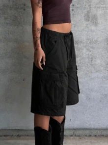 Cargo Shorts For Women Elastic Waist Knee Length  Shorts Summer Outdoor Waterproof Hiking Pants With Pockets - Black - View 3
