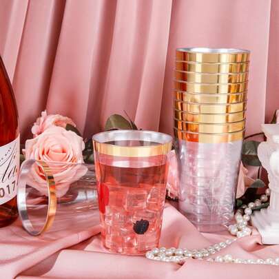 10pcs Transparent Gold Cups, 7oz (Approx. 200ml) Crystal Clear Cups, Suitable For Cocktails, Champagne, Beer, Martini, Desserts, Ideal For Parties And Weddings