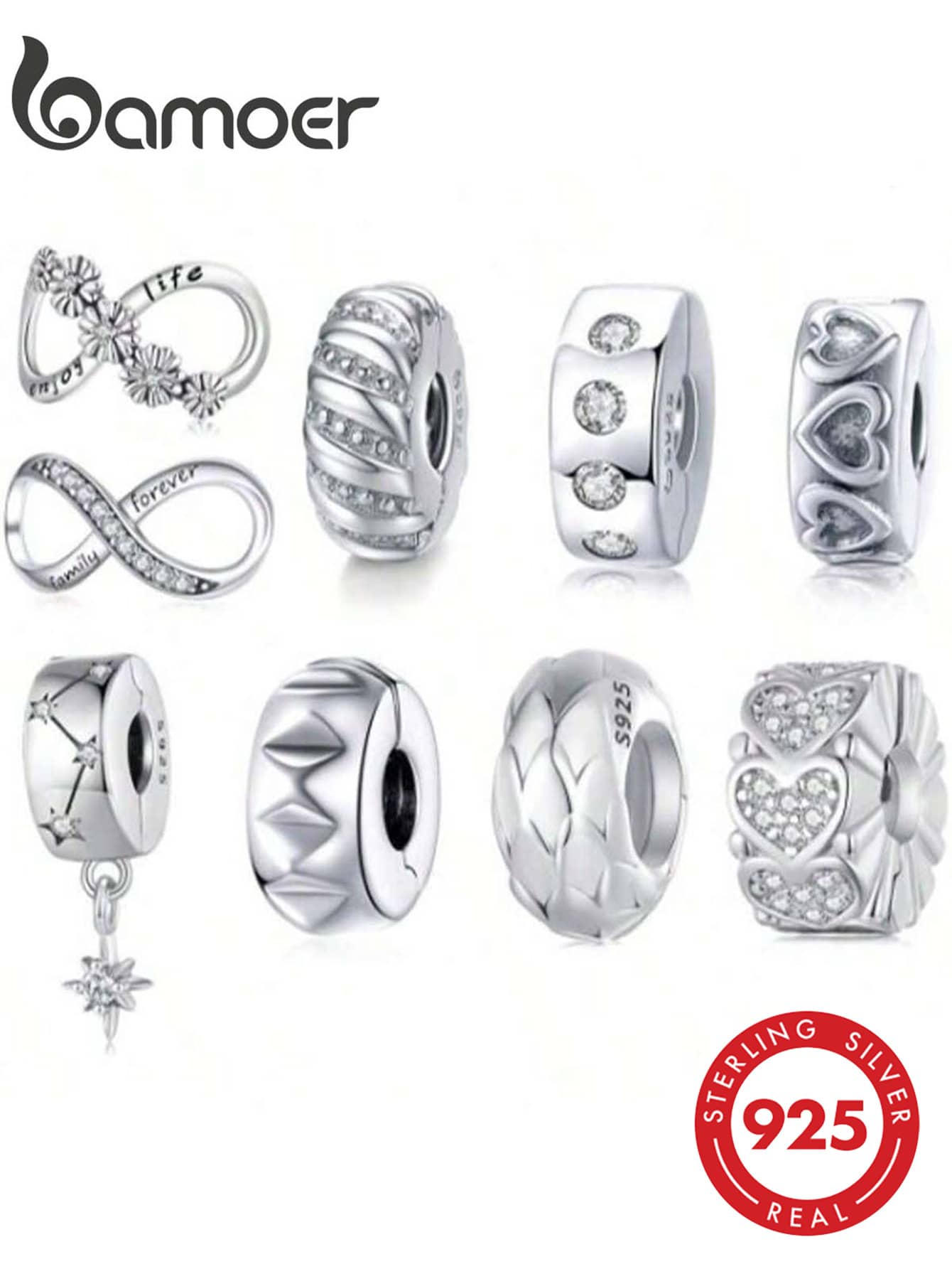 1 hạt đệm silicon hình trái tim tinh tế bằng bạc sterling 925, mặt dây chuyền tình yêu vô tận cổ điển, phù hợp cho nữ, có thể dùng để tự làm vòng tay. - Bạc - Xem 1