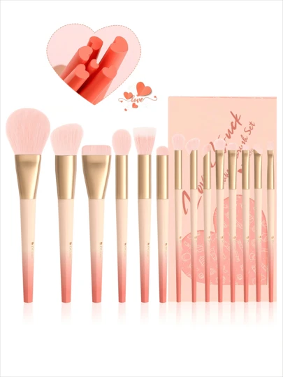 DU care Bộ cọ trang điểm 14 món LOVE STRUCK cán hình trái tim - Bộ dụng cụ trang điểm nền, phấn mắt và má hồng thuần chay hoàn chỉnh, món quà dễ thương cho người mới bắt đầu, bộ dụng cụ trang điểm chuyên nghiệp Kawaii thẩm mỹ dành cho phụ nữ và bé gái, bộ cọ du lịch quà tặng ngày Valentine, cọ tổng hợp mềm mại không thử nghiệm trên động vật để trang điểm toàn mặt, ý tưởng quà tặng màu vàng hồng sang trọng.