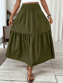 Women's Boho Ditsy Floral Print Maxi Skirt, A-Line Flowy, Ruffle Hem, Elastic High Waist, Pockets, Casual Summer Beach Vacation Long Skirt - 軍綠色 - 查看 5