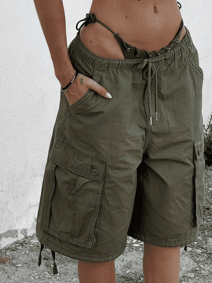 Cargo Shorts For Women Elastic Waist Knee Length  Shorts Summer Outdoor Waterproof Hiking Pants With Pockets - xanh quân đội - Xem 1