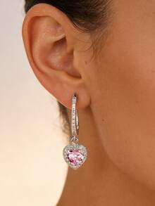 1 Đôi bông tai hình trái tim màu hồng bằng bạc Sterling S925, đính đá Zirconia tổng hợp tinh tế, thiết kế tối giản phù hợp cho phụ nữ đeo hàng ngày. - Bạc - Xem 5