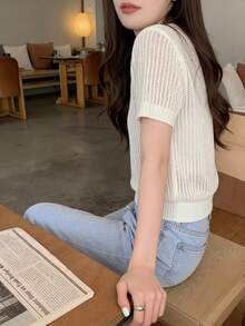 夏季法式圆领宽松镂空透视短袖修身针织上衣 白色 - 白色 - 查看 6