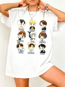 StraySKidsS Crew Neck T-Shirt, Loose Fit, Cute Chibi Member Print - 白色 - 查看 1