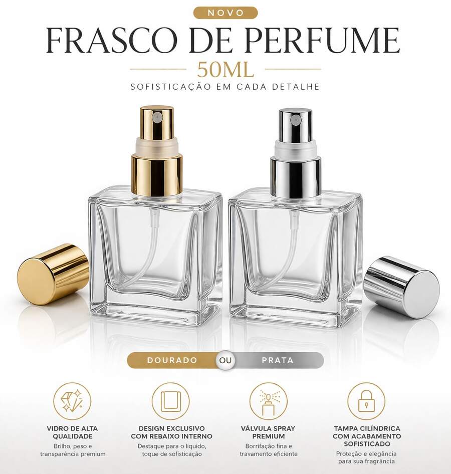 Kit Frascos de Perfume 50ml Cubo - Luxo com Válvula Spray Dourada e Prata Vidro para Perfume