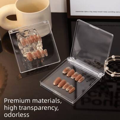 1pc Flip-Top Nail Storage Boxes Transparent Acrylic Square Nail Packaging Case With Adhesive Sheets Dust-Proof Empty Nail Display Boxes