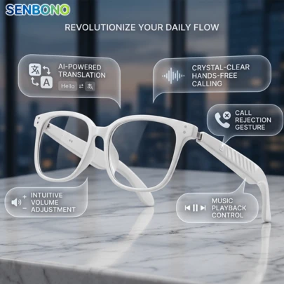  Kính thông minh SENBONO AI Translation, điều khiển phát nhạc, gọi điện rảnh tay, điều chỉnh âm lượng, giúp bạn dễ dàng nghe nhạc và quản lý cuộc gọi với micro tích hợp. Kính thời trang phù hợp cho văn phòng, công việc, du lịch, tai nghe không dây.