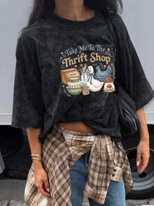 女士宽松圆领时尚百搭扎染印花短袖T恤，美式复古风，春夏款 - 黑色 - 查看 1