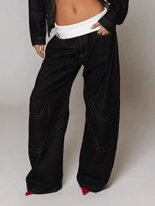 Y2K Retro Loose Fit Jeans | Street Style Distressed Wide-Leg Jeans, Women's Wide-Leg Jeans With Wavy Stitching - 黑色 - 查看 5