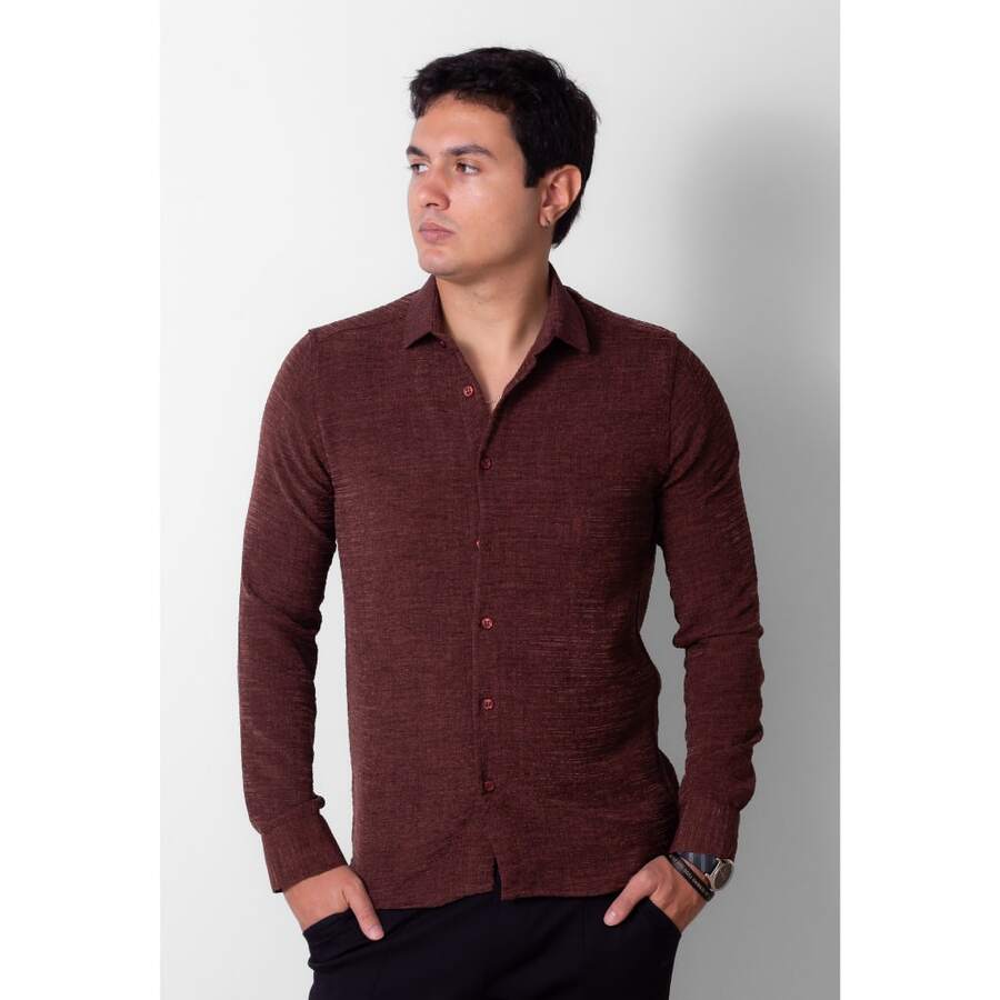 Men's Long-Sleeved Textured Dress Shirt - 紫紅色 - 查看 1