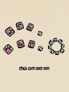 24pcs Black Background Pink Flower Pattern False Nails, Suitable For Hands & Feet, Nail Art Supplies, Short Summer Nails, Y2K Style - Black - View 3