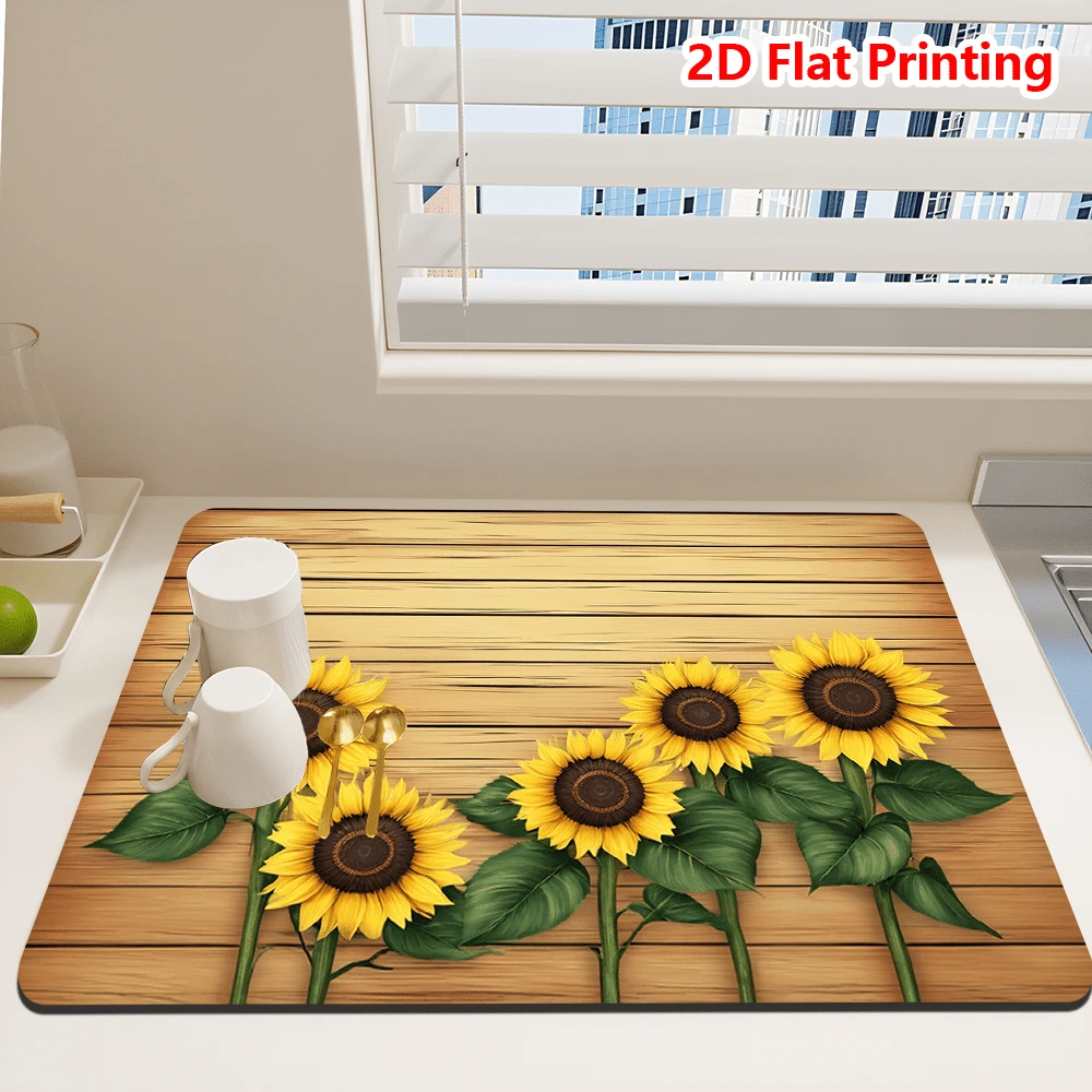 1/10Pcs Sunflower Wood Grain Dish Drying Mat, 2D Flat Printed Super Absorbent Quick Dry Diatom Drain Pad For Coffee Table, Household Kitchen Supplies, Easy To Clean - Yellow - View 1