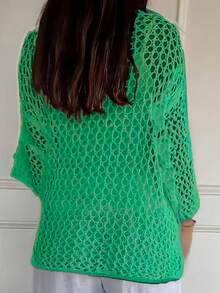 Women's Round Neck Pentagram Hollow Out Casual Versatile Daily Wear Knit Top Spring - Green - View 3