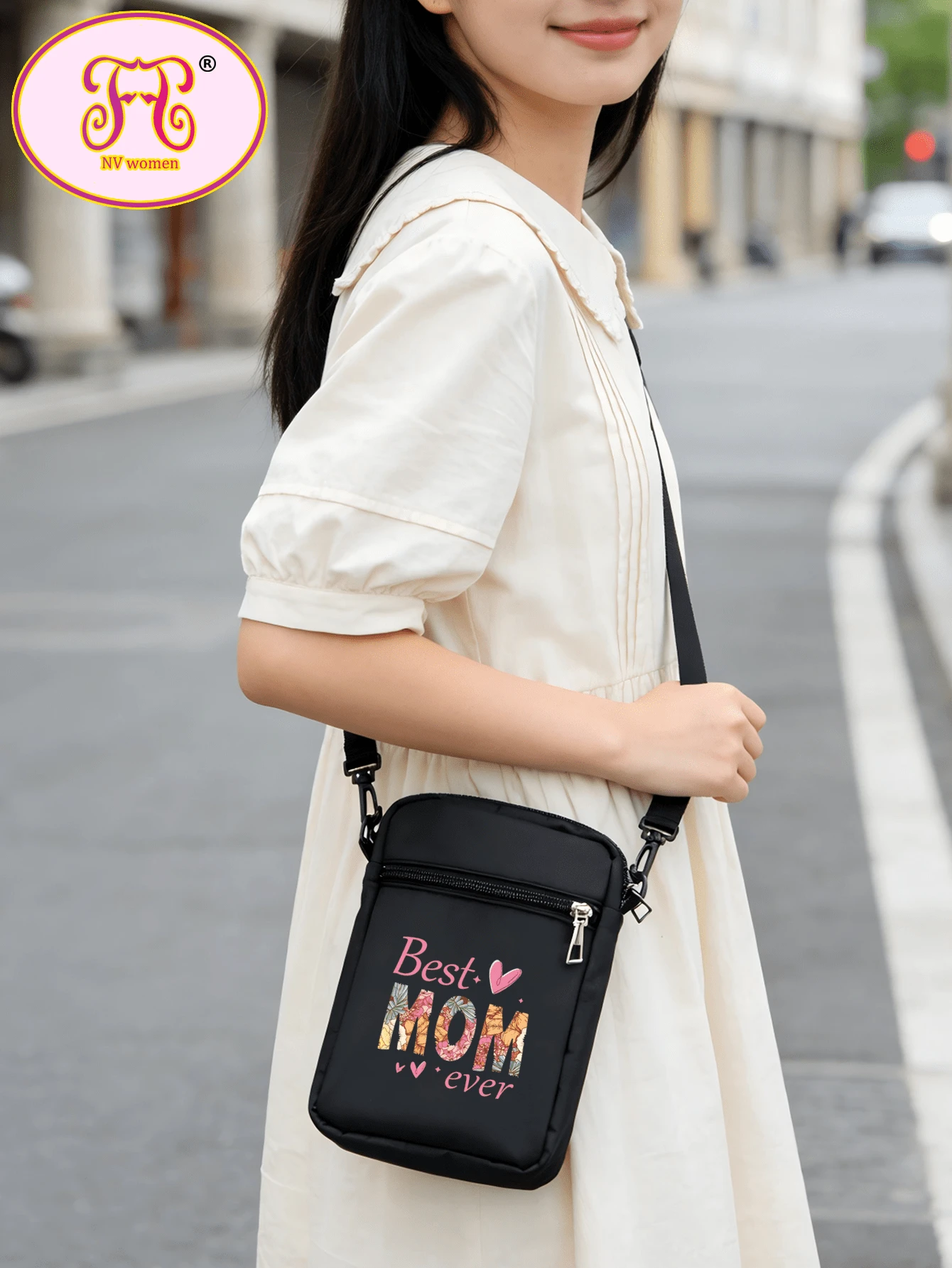 Túi đeo chéo đa năng unisex, có ngăn đựng điện thoại, ví đựng tiền xu, in chữ "Mẹ" và hình trái tim, thích hợp dùng hàng ngày, ba lô leo núi, túi có khóa kéo dành cho học sinh. - màu đen - Xem 1