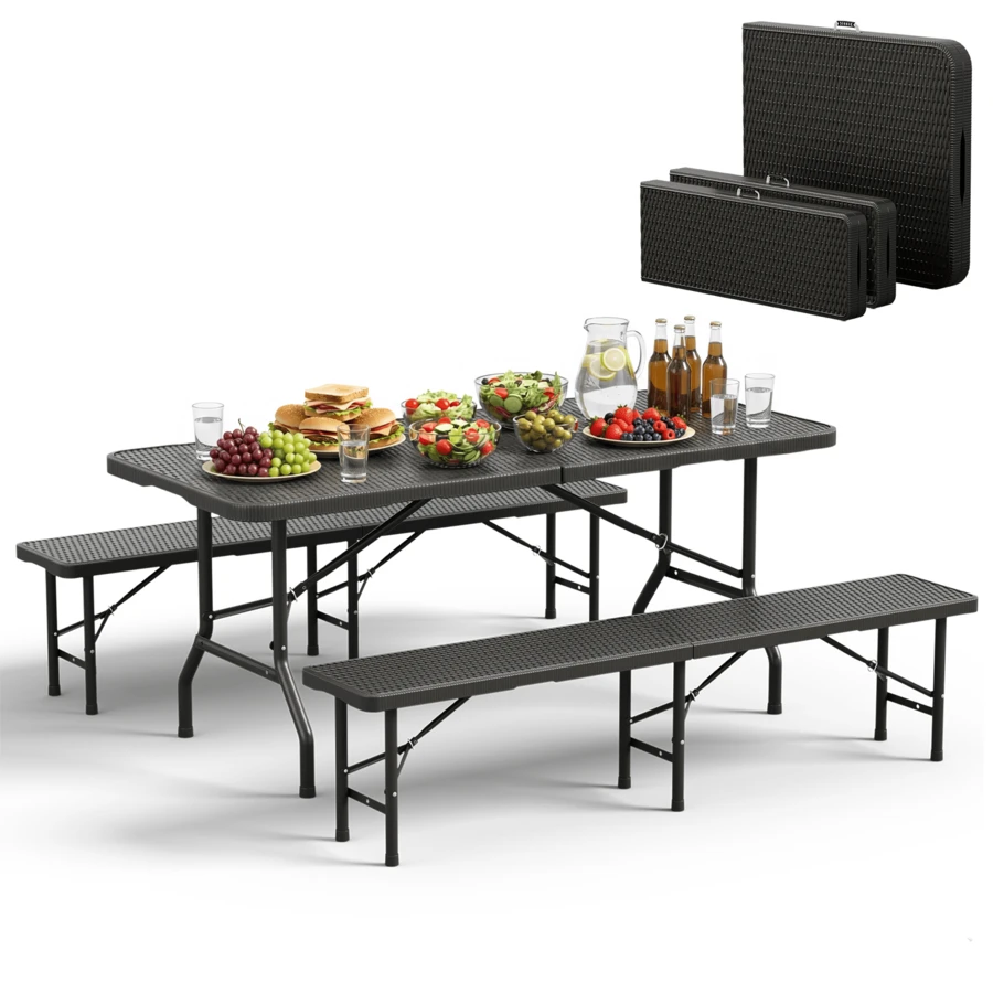 DEVOKO - Juego de muebles de jardín plegables con mesa y 2 bancos, aspecto de ratán HDPE, mesa de comedor impermeable para exteriores, ideal para camping, patio y jardín. - Negro - Ver 1