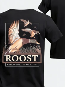 Cotton Men's T-Shirt, Roost Wf Hunting T-Shirt, Camouflage Background With Flying Duck Pattern, Men's Outdoor Sports And Hunting Print T-Shirt, Gift. - 黑色 - 查看 3
