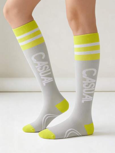 1 Pair Spring/Summer Grey-Green Striped Letter Print Versatile Comfortable Sports Crew Socks