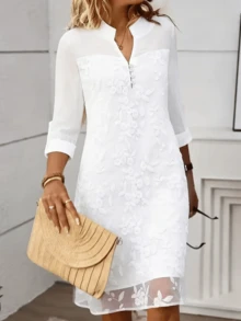 Solid Color Elegant Bohemian Party Embroidered Applique Mesh Patchwork Dress White - White - View 7
