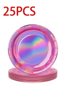 1/10/25个迪斯科球纸盘，粉色全息纸盘，甜点盘，闪亮派对用品装饰，适用于70年代迪斯科派对、派对、露营、野餐、生日、节日、毕业典礼、圣诞节、感恩节、万圣节、斋月等场合。 - 多色 - 查看 10