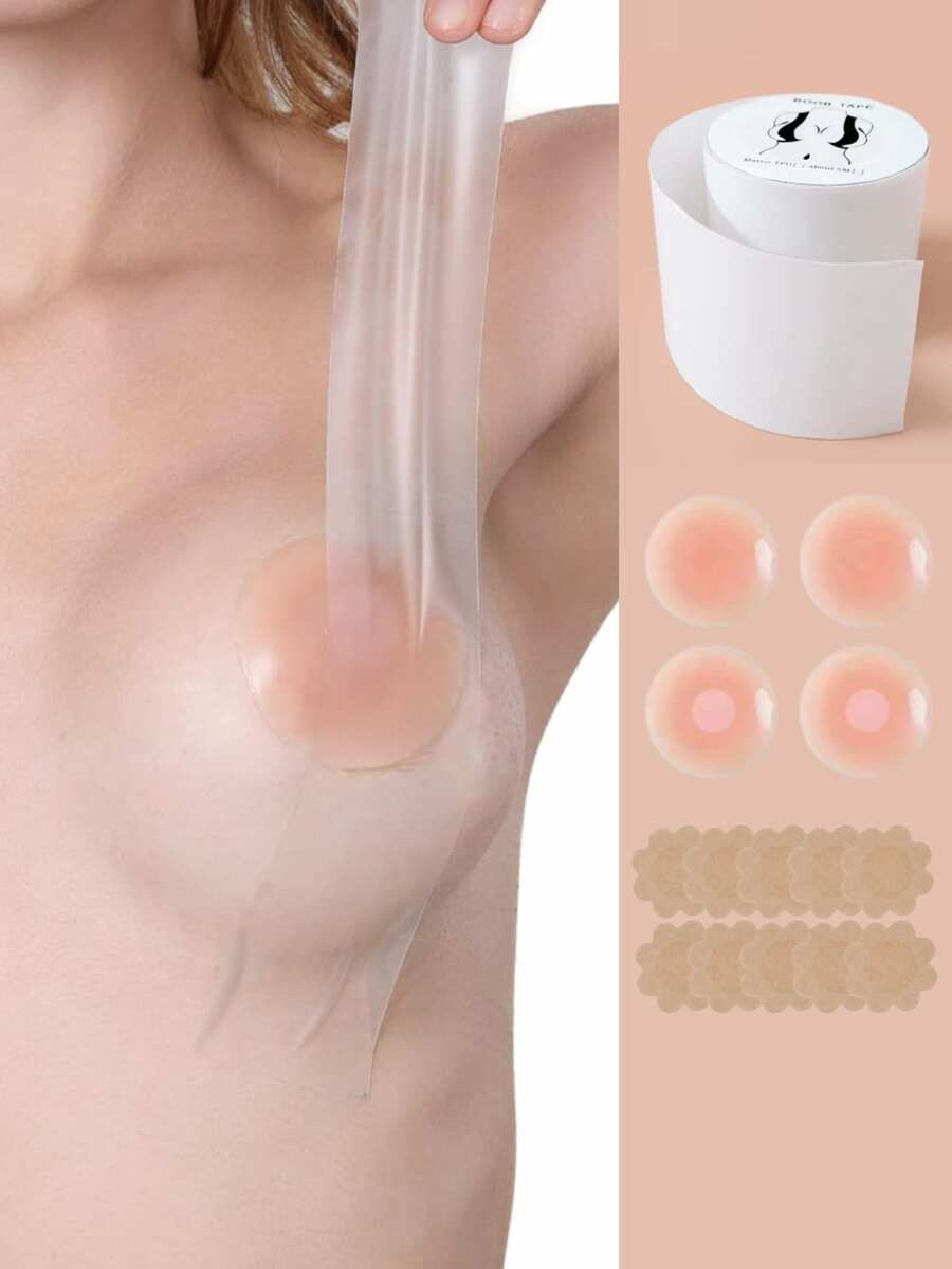5m Long Transparent Chest Tape, Self-Adhesive Bra Silicone Nipple Covers,Suitable For A-G,Replace Your Bra-Instant Bob Tape,Boobytape For Breast Push Up&Strapless Dress With Secure-Closing Push-Up Nipple Shields For Comfort And Concealment - Nhiều màu - Xem 1