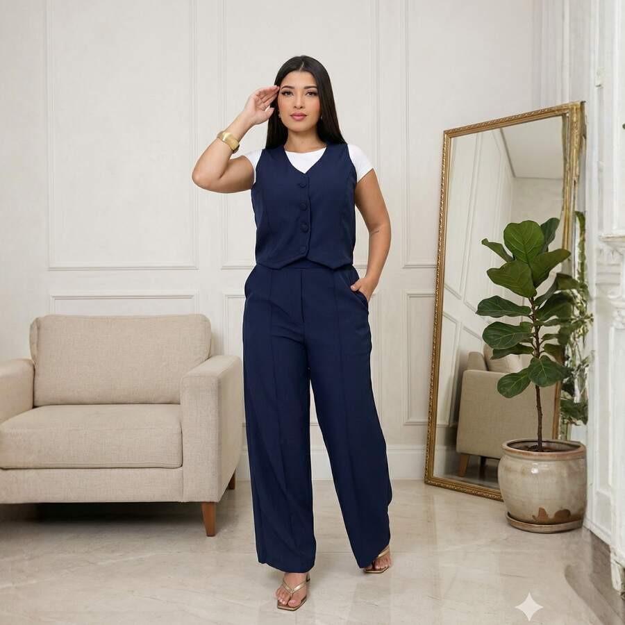 Women's Tailored Set: Vest And Wide-Leg Pants. Elegant, Casual, Chic, Modern, Conservative/Modest. Party/Fabric. Buttons Down The Front. Gathered Waist. Women's Formal Set. Office/Baby Shower/Formal And Evening. Holidays/Home/Summer, Spring And Autumn. - 藏蓝色 - 查看 1