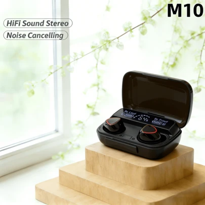 M10 蓝牙耳机，免提 LED 显示屏，蓝牙 HiFi 立体声，无线耳机，适用于音乐、游戏、运动，带降噪功能、麦克风和扬声器
