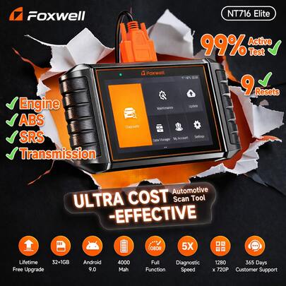  FOXWELL NT716 双向扫描工具，适用于所有车辆的发动机、ABS、SRS 和变速箱故障码读取器，专业技师工具，具备主动测试和 9 种重置功能，OBD2 汽车故障码诊断扫描工具，终身免费更新，送给爸爸、丈夫和男友的最佳礼物