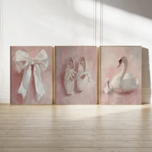 3件套复古天鹅壁画艺术，芭蕾舞鞋，蝴蝶结画，帆布海报，带框或不带框，理想的乔迁礼物，大学宿舍公寓装饰，酒店、家庭、客厅、卧室、浴室和办公室墙面装饰礼品。 - A - 查看 1