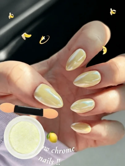 1pc Mermaid Pink & Yellow Pearl Nail Powder, Mirror Powder, Holographic Laser Nail Glitter, Suitable For Gel Nail Polish Decoration, Shiny Nail Powder, Comes With Double-Ended Eyeshadow Brush, Suitable For Valentine's Day, Nail Art Supplies