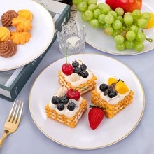 20 piezas de platos con borde dorado premium - Platos redondos de unicolor minimalista moderno con borde dorado, en tamaños de 7.5 pulgadas y 10.25 pulgadas, adecuados para postres de boda, aperitivos, fiestas, banquetes y restaurantes - Blanco - Ver 3