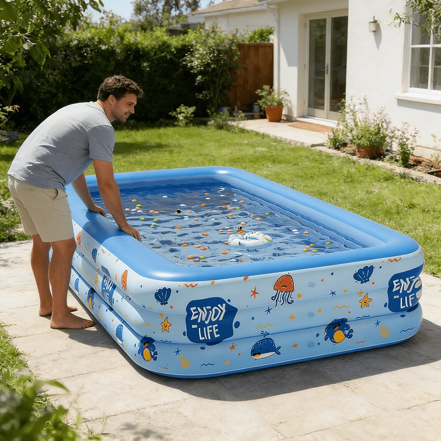 1pc Inflatable Swimming Pool, Ocean Creature Printed Paddling Pool, Home Adult Swimming Pool, Made Of PVC Material, Leak-Proof, Explosion-Proof, Tear-Resistant, Stable And Durable Inflatable Structure, Fully Inflated Without Collapsing, High-Definition Ocean Creature & Letter Prints, Full Of Childlike Fun, Perfect For Summer Atmosphere, Family Water Play, Photography Prop, Quick Inflation Valve Design, Assembled In Minutes - Multicolor - View 1