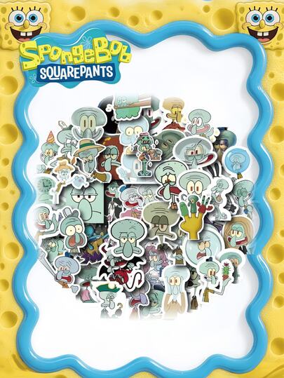 SpongeBob SquarePants 60张海绵宝宝主题贴纸卷 - 随机图案，包含海绵宝宝、章鱼哥、珊迪、痞老板、蟹老板等角色，色彩柔和，适用于手工制作、礼品包装、手机和杯子装饰、生日主题和DIY项目，可爱的卡通DIY装饰贴纸，可用于手机壳、笔记本电脑、笔记本、吉他、杯子、文具等，防水贴纸。