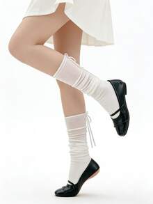 1/2 đôi tất cao đến đầu gối kiểu ballet tối giản mới dành cho mùa xuân/hè, có nơ và dây buộc. - Nhiều màu - Xem 5