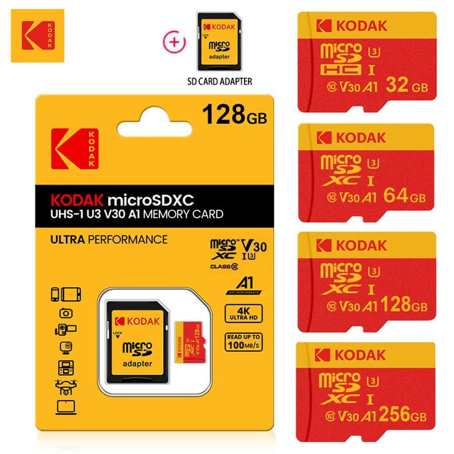 Kodak 柯达 32GB/64GB/128GB/256GB 高耐久性 microSD 卡，适用于安防摄像头、智能手机、无人机