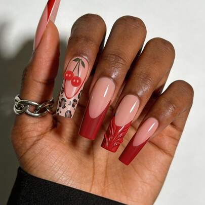 24Pcs ABS Press On Nails Long Coffin Red Cherry Leopard Print Fake Nails 3D Embossed Fake Nails For Women