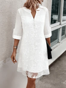 Solid Color Elegant Bohemian Party Embroidered Applique Mesh Patchwork Dress White - White - View 6