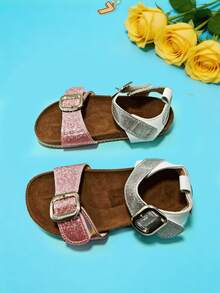 1 đôi dép xăng đan thời trang cho trẻ em, dép xăng đan đế bằng màu hồng cho bé gái với thiết kế quai đôi lấp lánh, đế mềm chống trơn trượt, thích hợp cho các chuyến đi chơi mùa hè, tiệc tùng, tụ họp, lễ hội, kỳ nghỉ thường ngày. - Hồng - Xem 1