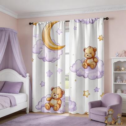 2 paquetes de cortinas de oso de peluche con nubes de color púrpura suave - Cortinas de bolsillo para varilla 100% de poliéster transparente para dormitorio, sala de estar, cocina y estudio - Decoración del hogar moderna lavable a máquina con diseño divertido, material de poliéster semi-transparente