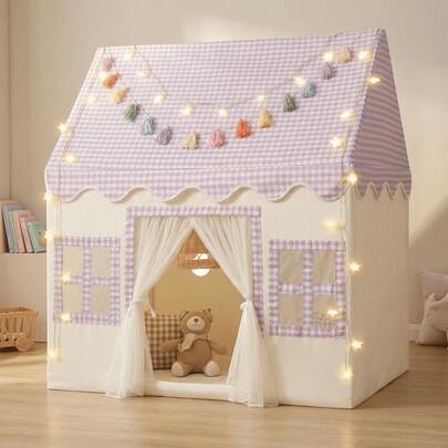 Tienda de juego rosa para niños sin base con alfombra y luces de estrella, casa de juegos de princesa para niñas, carpa plegable para interiores y exteriores para niños pequeños con alfombra suave y luces de hilo