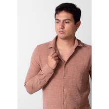 Camisa Social Manga Longa Masculina Ternura Texturizada - Marrom Claro - Visão 2
