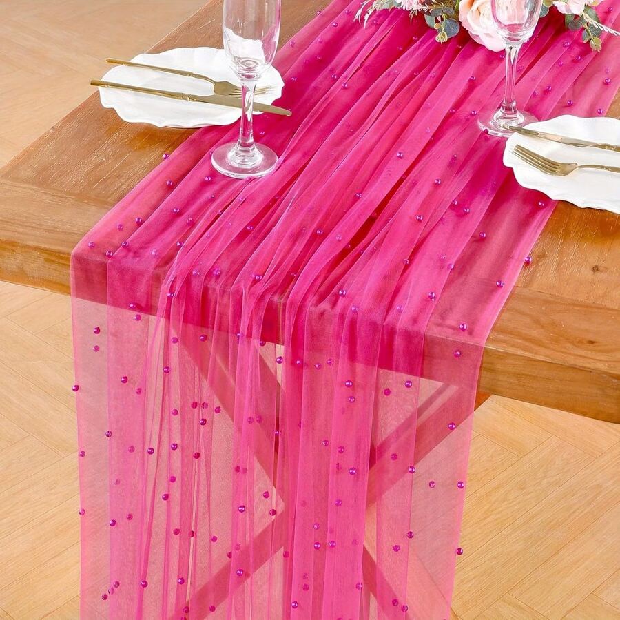 1pc Romantic Pearl Lace Table Runner, Wedding Arch Decor, Bridal Shower Gift Fabric, Elegant Pearl Lace Tablecloth, Suitable For Events, Embroidered Transparent Wrinkle-Resistant White Dessert Table
