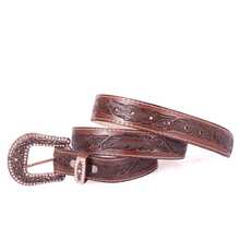Women's Country Belt Handmade Leather Cowgirl Stonework Printed Feather Buckle Large Rhinestone - Rust Brown - View 6