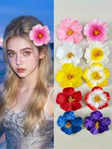 10个/套 夏季大芙蓉花发夹，夏威夷热带花卉发夹，夏季海滩度假波西米亚风发饰，适合女士和女孩（红色、白色、粉色、黄色），假日旅行 - 彩色 - 查看 9