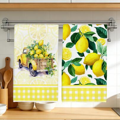 2 khăn lau bếp in hình xe tải chở chanh, chất liệu polyester mềm mại, thích hợp để trang trí nhà bếp, lau dọn, trang trí tiệc tùng, đồ dùng thiết yếu cho nhà bếp và phòng tắm, trang trí nhà cửa, quà tặng tân gia.
