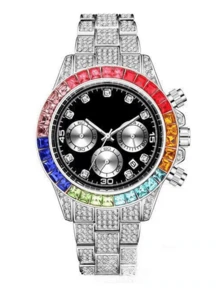 Đồng hồ unisex cao cấp đính kim cương toàn bộ, viền cầu vồng, dây đeo thép mạ vàng, chronograph, máy quartz, phong cách thời trang đường phố hip hop, thiết kế độc đáo, đồng hồ nam quartz, món quà hoàn hảo cho sinh nhật, Ngày Valentine, Ngày của Mẹ, Ngày của Cha. - Nhiều màu - Xem 10