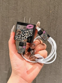 4pcs Leopard Print Lip Splice Pattern Charger Protector Case, Data Cable Organizer Set - 20W/18W Charger Adapter, Adapter Head Cover, Compatible With IPhone 11/12/13/14/15/16/13 Pro Max/16 Pro Max/17 Pro Max/15 Pro Max - Multicolor - View 2